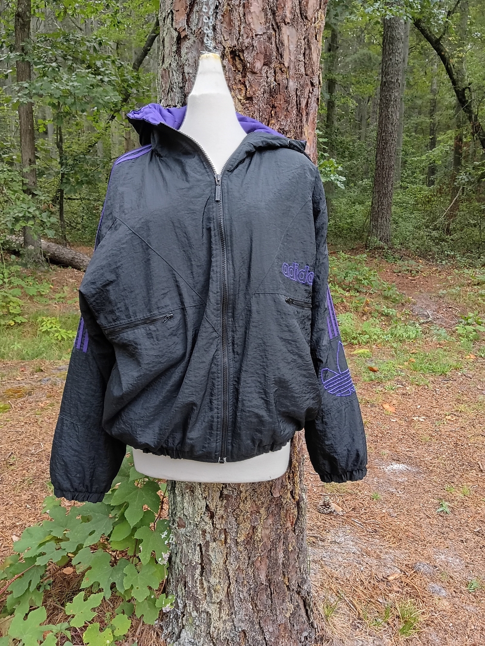 Vintage 90s Adidas Trefoil Nylon Windbreaker Track Jacket Hooded Black Purple LG